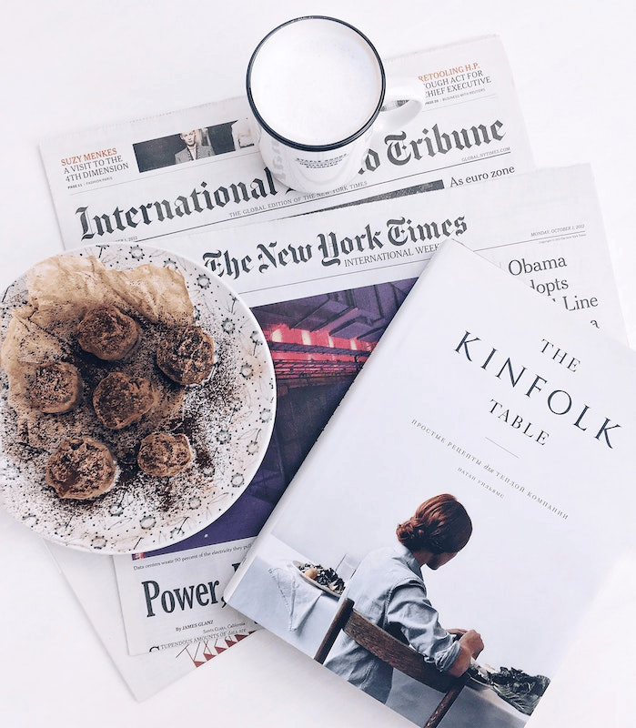 A magazine with some muffins in a plate